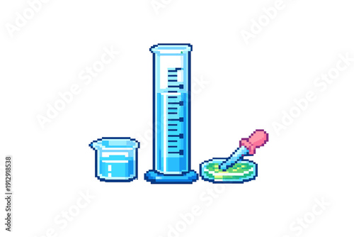 Pixel art illustration of laboratory equipment including a beaker, a graduated cylinder with blue liquid, and a petri dish with a dropper on a black background.