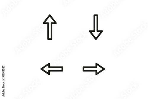 Four white outlined arrows pointing up, down, left, and right are arranged in a square pattern with vertical dotted lines on a black background. Minimalist graphic design for navigation.