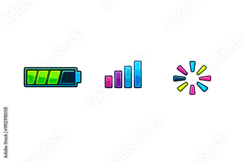 Three neon digital icons representing battery level, signal strength, and a loading spinner are displayed against a solid black background in a vibrant glowing style.