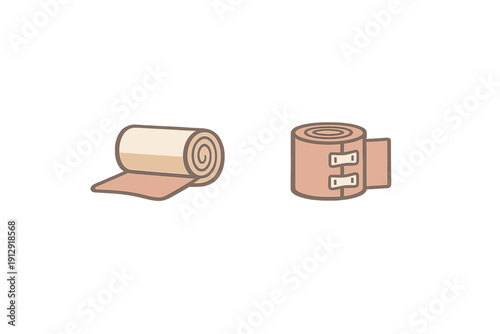 A set of two tan elastic compression bandages shown against a black background. One roll is partially open, and the other is tightly wound with two metal fasteners.