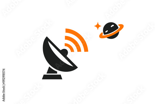 This minimalist vector illustration features a black satellite dish transmitting orange signals toward a ringed planet and a star against a plain white background.