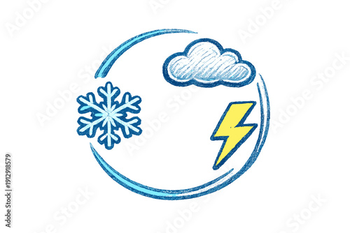 This hand-drawn illustration shows a blue snowflake, a white cloud, and a yellow lightning bolt enclosed in a circular border. The weather symbols are set against a black background.