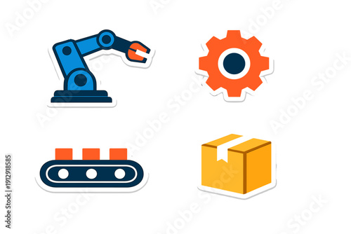 A set of four industrial icons including a robotic arm, a gear, a conveyor belt, and a cardboard box, presented as stickers with white borders on a black background.