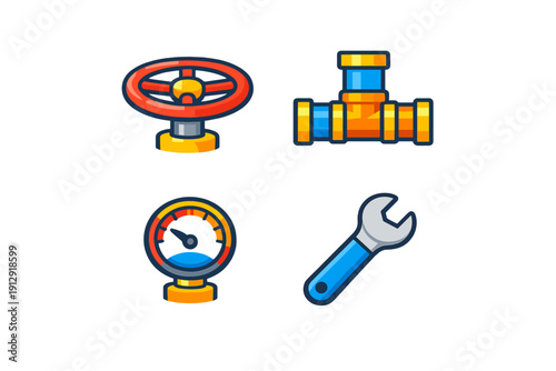 A set of four colorful industrial icons featuring a red valve wheel, a T-shaped pipe fitting, a pressure gauge, and a blue wrench, all isolated on a black background.