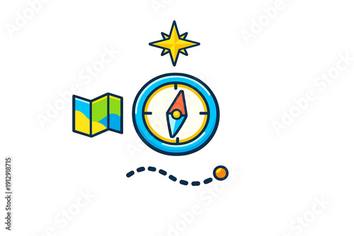 A colorful flat illustration featuring navigation tools including a blue compass, a folded map, a yellow compass rose, and a dotted path leading to a destination on a black background.