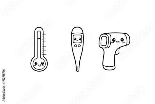 A black and white line art illustration featuring three different types of thermometers with cute smiling faces, including an analog, a digital, and an infrared thermometer gun.