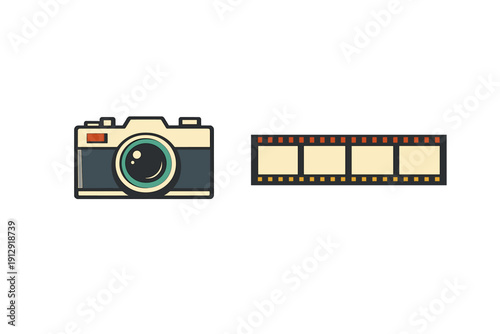 This minimalist illustration depicts a classic film camera next to a strip of negative film frames. The artwork uses a simple flat design style against a solid black backdrop.