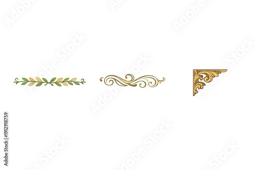 Three vintage decorative elements including a laurel branch, a scroll ornament, and a corner flourish are displayed against a solid black background in a classical style.