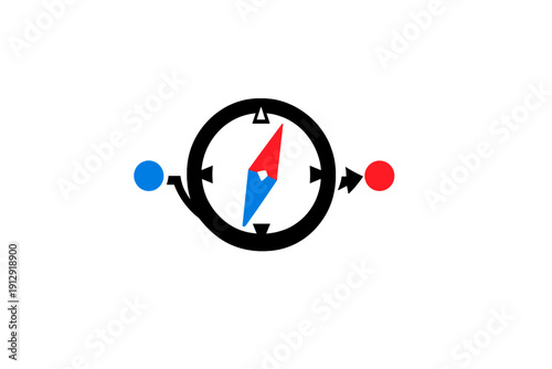 This digital illustration features a compass needle with red and blue ends centered between two colored circles, symbolizing direction, polarity, and navigation on a dark background.