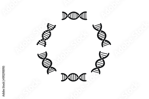 A minimalist black and white illustration featuring six DNA double helix icons arranged in a circular pattern against a solid black background. One strand appears slightly different.