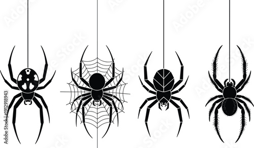 Set of Four Black Spider Silhouettes Hanging on Webs and Threads Isolated on White Background for Halloween Graphic Design Vector