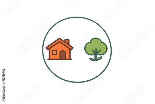 A minimalist graphic illustration featuring a small orange house and a green tree enclosed within a thin green circle, set against a solid black background. Simple flat design.