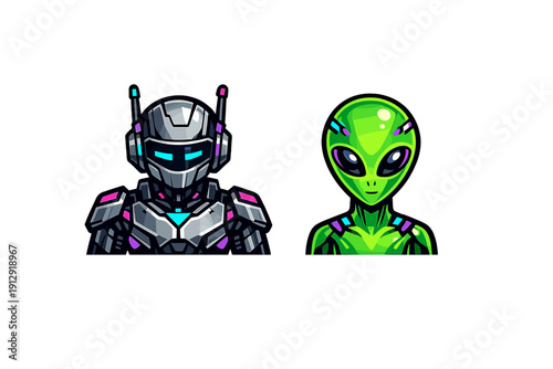 This digital artwork showcases a silver robotic warrior and a green extraterrestrial being, both designed with vibrant neon highlights and set against a dark backdrop.