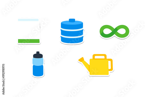 A collection of five colorful icons including a blue water tank, a yellow watering can, a blue water bottle, a green infinity symbol, and a white square with a green bar.
