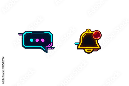 A cyan and pink neon chat bubble icon sits next to a yellow and red notification bell icon on a black background, featuring a futuristic digital cyberpunk aesthetic.