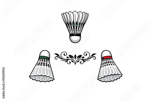 Three badminton shuttlecocks arranged symmetrically on a black background. One black shuttlecock sits above two white ones with colored bands and a decorative white flourish.
