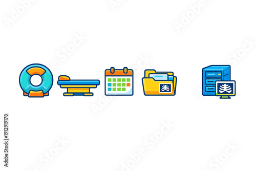Five stylized medical icons featuring a diagnostic scanner, examination bed, scheduling calendar, patient file folder, and a computer server with an X-ray monitor display.