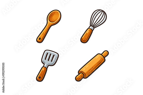 A collection of four illustrated kitchen utensils including a wooden spoon, a whisk, a spatula, and a rolling pin, set against a solid black background in a cartoon style.