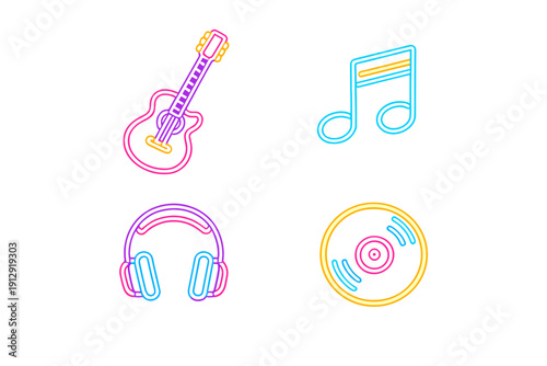 This collection of neon music icons includes a guitar, a musical note, headphones, and a vinyl record. Each icon glows with vibrant colors against a solid black background.