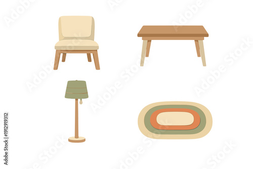 A collection of four minimalist furniture illustrations including a cream armchair, a wooden coffee table, a green floor lamp, and a multi-colored oval rug on a black background.