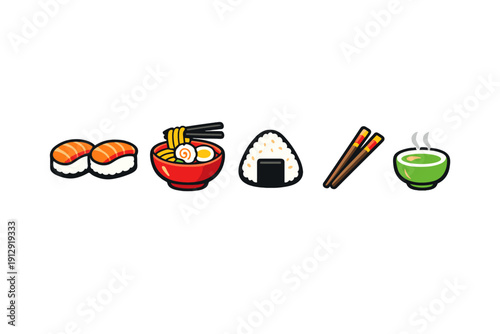 A collection of five colorful Japanese food icons including salmon sushi, a bowl of ramen, an onigiri rice ball, chopsticks, and a cup of green tea set against a black background.