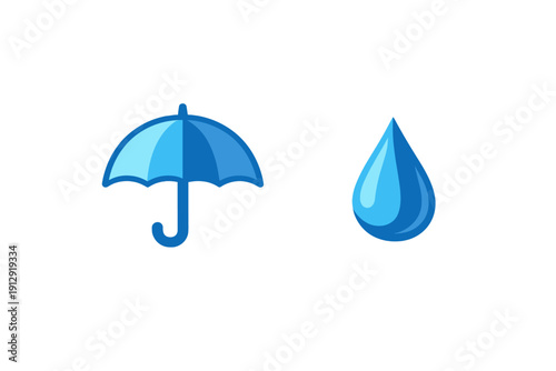 A blue umbrella and a large blue water drop are displayed side by side against a solid black background. The illustration features simple shading and a clean, modern graphic style.