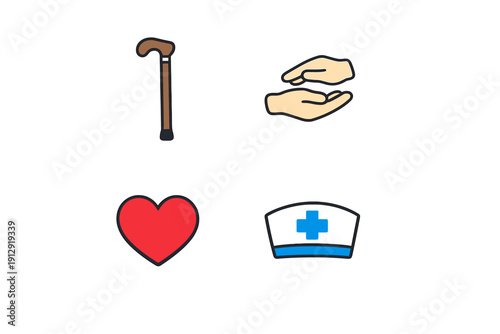 This set of four medical and elderly care icons features a walking cane, cupped hands, a red heart, and a nurse's hat. The flat style stickers are presented on a solid black background.
