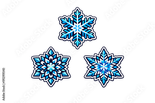 Three stylized blue snowflakes with intricate geometric patterns and white outlines are displayed against a solid black background in a triangular arrangement.