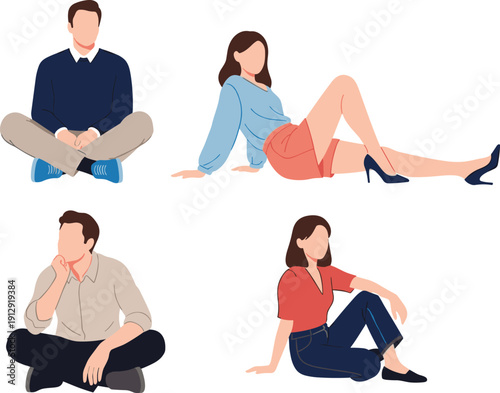 Flat vector illustration of young casual men and women sitting and reclining in relaxed poses isolated on a white background