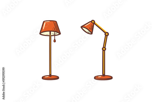 Two stylized orange floor lamps are shown against a black background. One lamp features a classic shade with a pull chain, while the other has an adjustable articulated arm design.