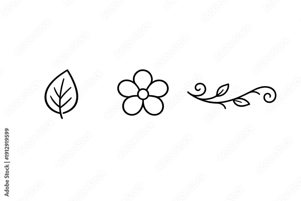 Naklejka premium A collection of three minimalist black line art icons featuring a single leaf, a simple five-petal flower, and a decorative vine with swirls and small leaves on a white background.