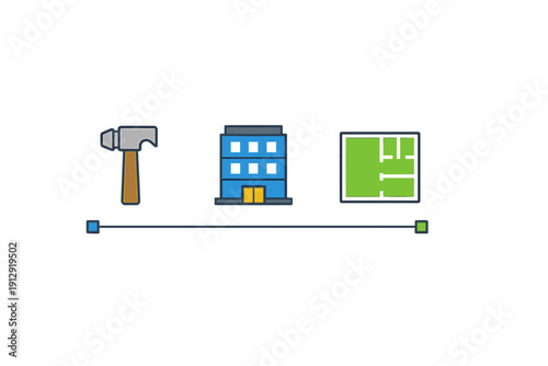 A flat vector illustration featuring three icons: a hammer, a blue building, and a green floor plan, all positioned above a horizontal line with colored square endpoints on a black background.