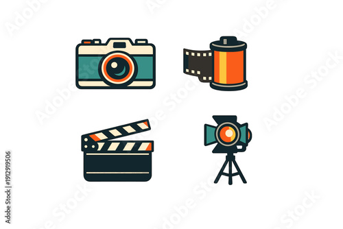 A collection of four stylized icons representing photography and filmmaking, including a vintage camera, a film roll, a movie clapperboard, and a studio light on a tripod.