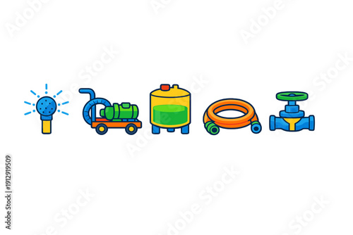 A set of five colorful industrial and garden equipment icons including a sprinkler, a pump, a storage tank, a coiled hose, and a valve, all presented on a solid black background.