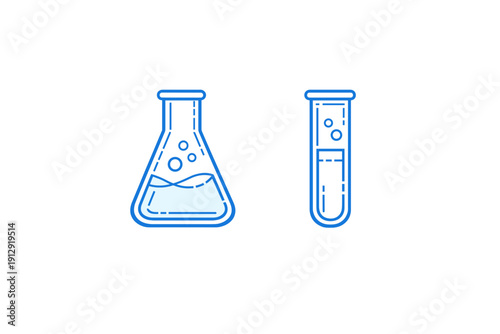 This minimalist blue line art graphic features a laboratory flask and a test tube with bubbles inside. The simple design is isolated on a dark black background for high contrast.