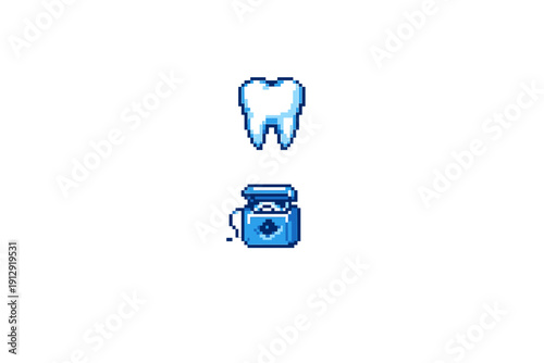 A pixelated white tooth and a blue dental floss dispenser are centered on a black background. This retro-style graphic highlights dental health and hygiene practices.