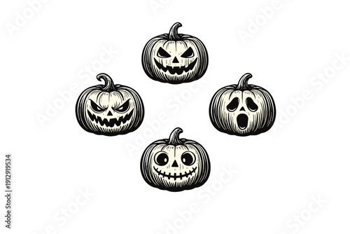 A set of four black and white jack-o'-lanterns with different spooky and expressive faces is displayed on a dark background, featuring a detailed woodcut illustration style.