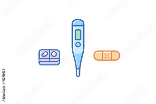 A digital illustration featuring a blue pill box with medicine, a light blue digital thermometer, and a tan adhesive bandage, all arranged horizontally on a solid black background.
