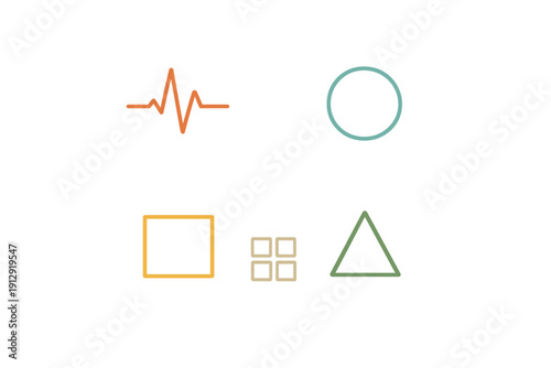 Minimalist outline icons featuring a heartbeat pulse line, a circle, a rectangle, a triangle, and a small grid of squares, all presented in muted colors on a dark black background.