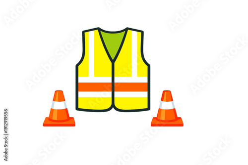 This graphic features a yellow safety vest with orange and white reflective bands, accompanied by two orange traffic cones, set against a dark black backdrop for high contrast.