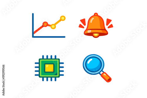 A set of four colorful vector icons featuring a line graph, a ringing notification bell, a green computer microchip, and a blue magnifying glass on a solid black background.