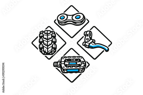 A graphic illustration featuring four diamond-shaped frames containing bicycle components: a chain link, a brake lever, a tire tread, and a pedal, rendered in line art with blue accents.