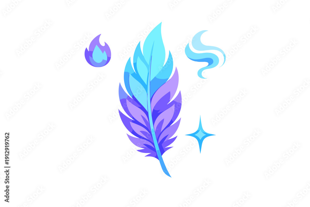 Fototapeta premium A stylized digital illustration of a glowing blue and purple feather surrounded by magical symbols including a flame, a swirl, and a star on a solid black background.