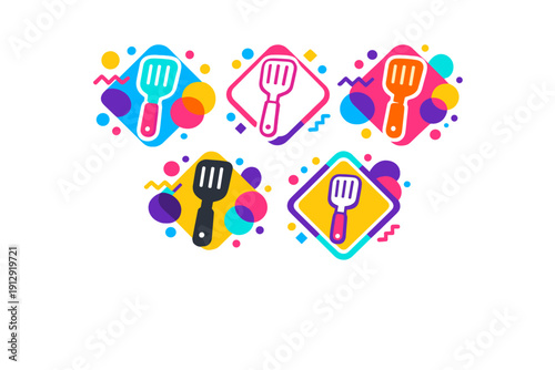 A collection of five colorful spatula icons set against a black background. Each kitchen utensil is framed within a diamond shape and surrounded by vibrant geometric patterns and dots.