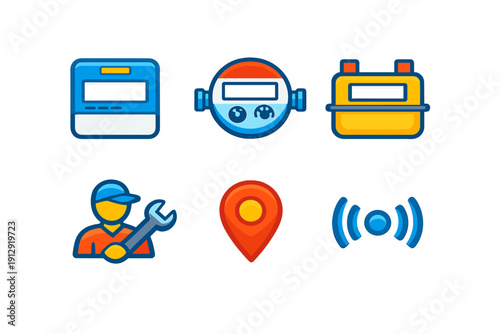A set of six colorful utility service icons featuring an electric meter, water meter, gas meter, a technician holding a wrench, a location pin, and a wireless signal symbol on black.