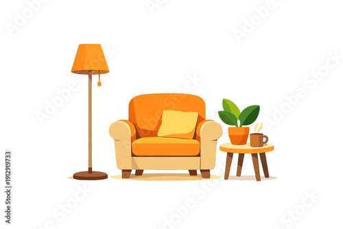 A cozy living room illustration featuring a comfortable orange armchair with a yellow pillow, a tall floor lamp, and a small side table with a potted plant and a steaming mug of coffee.