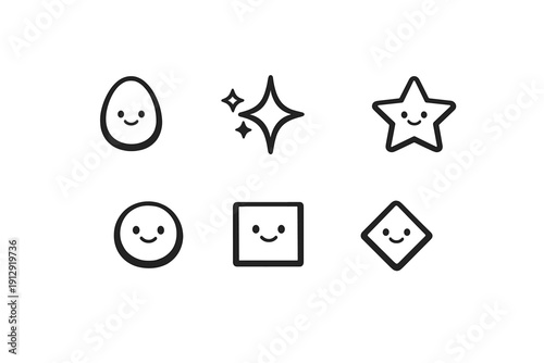 A collection of six simple white geometric shapes with cute smiley faces arranged in two rows on a solid black background. The shapes include a circle, square, star, and diamond.