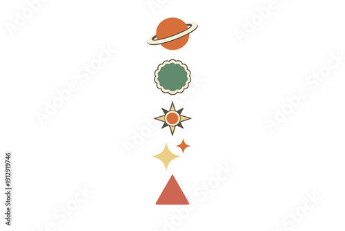 A vertical row of retro celestial and geometric icons including a ringed planet, scalloped circle, sun, stars, and a triangle, set against a solid black background.
