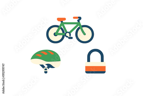 This minimalist graphic displays a green bicycle alongside a protective helmet and a sturdy padlock. The flat design uses a limited color palette of green, orange, and dark blue.