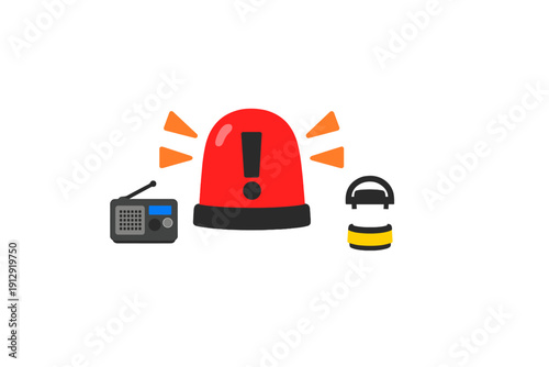 A flat illustration of emergency equipment including a red siren with an exclamation mark, a portable radio, and a yellow lantern, all set against a solid black background.
